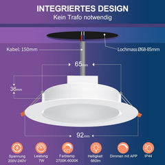 DUSKTEC 68-85mm 4KOS RGB vgradne pametne LED točkovne luči z Alexa podporo - 7 W, 2700–6000 K