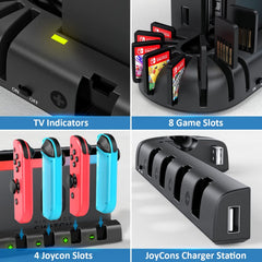 Postaja za polnjenje JoyCon kontrolerjev s prostorom za shranjevanje 8 iger