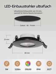 5x 80 mm črni vgradni LED reflektor
